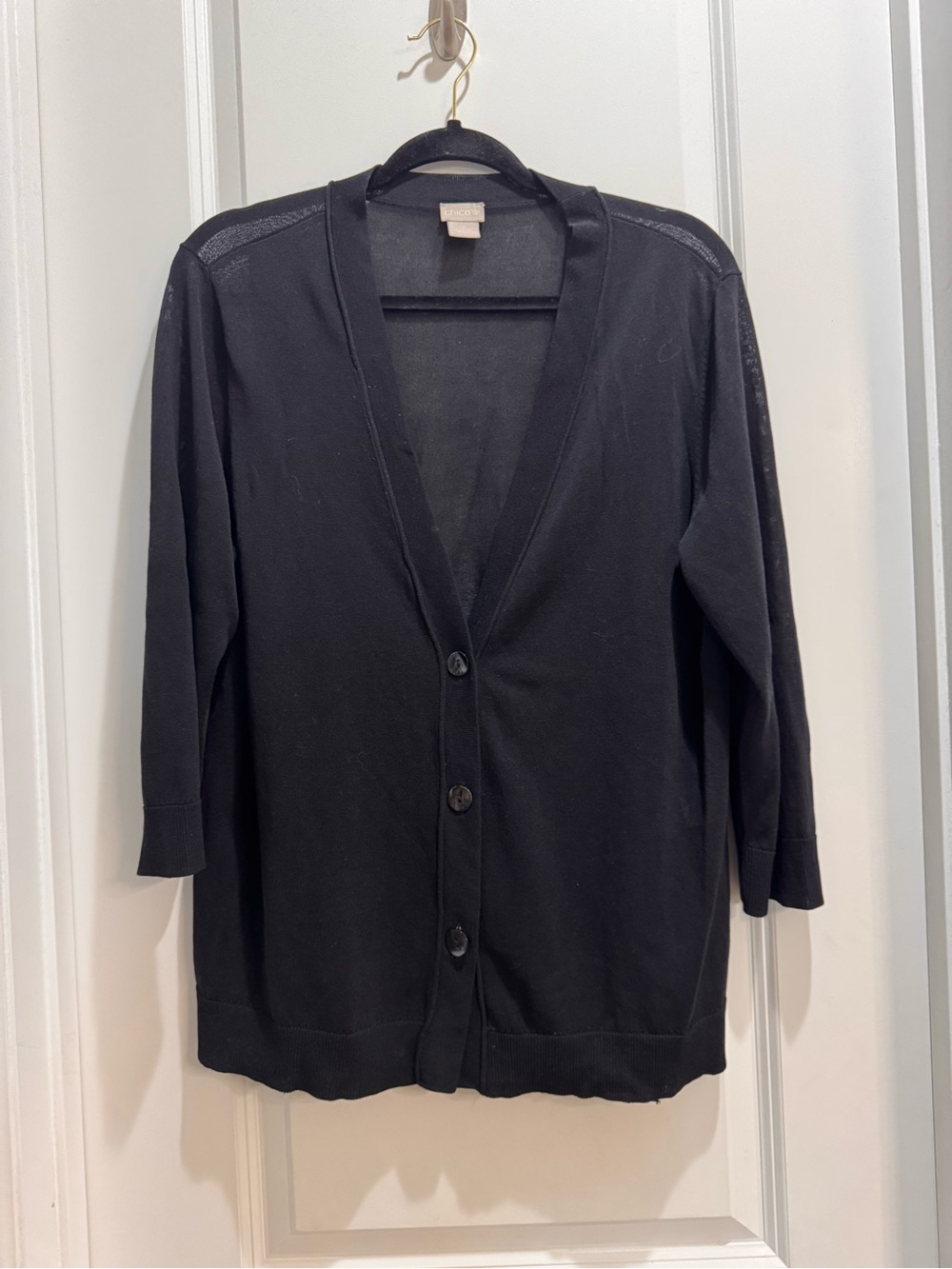 Chico’s Black Buttoned Front Cardigan Sz 2(L) 3/4 Sleeves Armpit To Armpit 23”